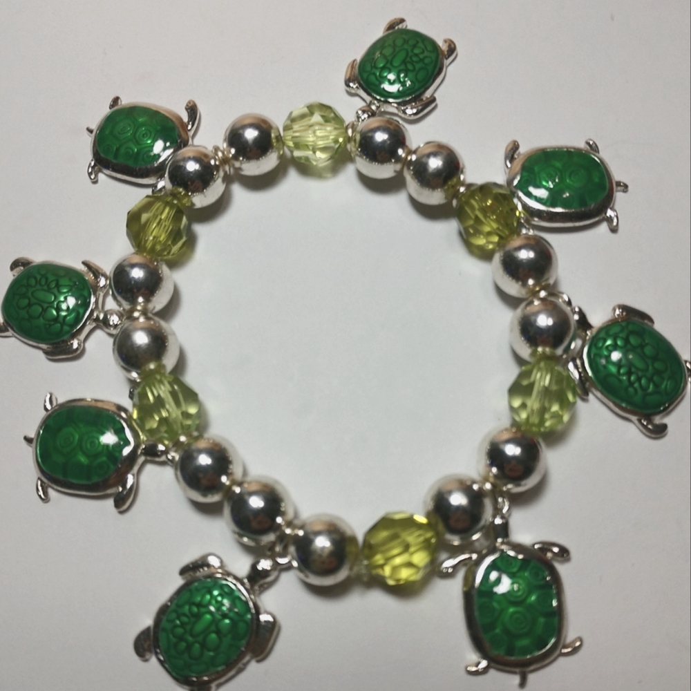 🆕🐢Turtle 🐢 Charm Bracelet Sterling Silver Beads on Heavy Stretch Cord New